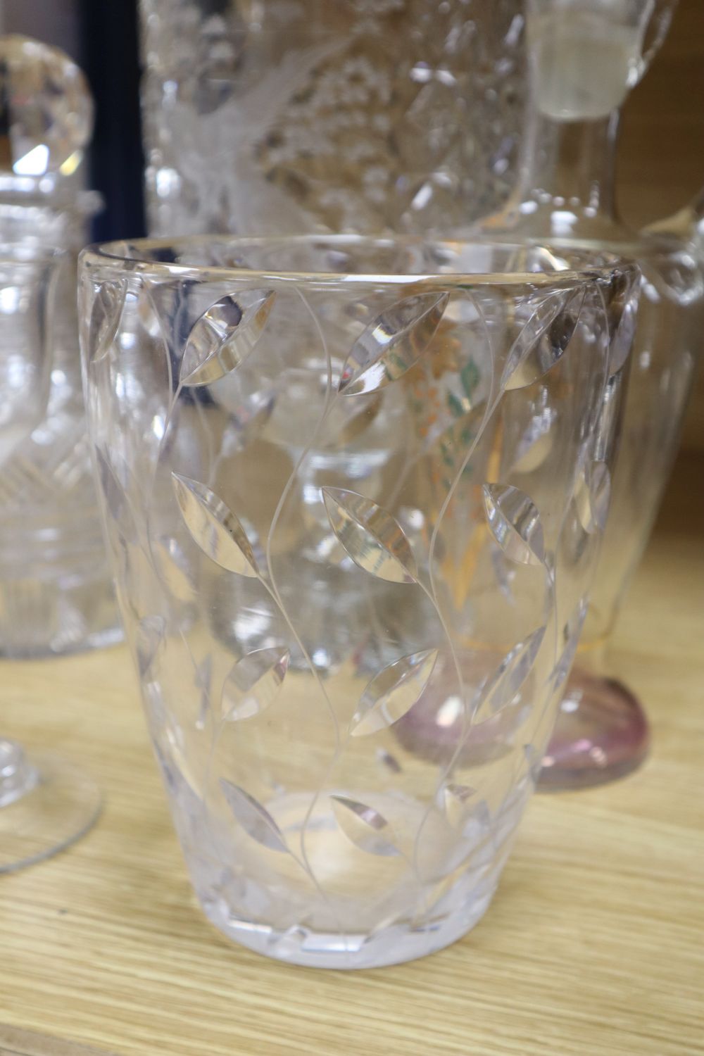 Five items of glassware, including a large goblet-shaped footed vase, possibly by Thomas Webb,